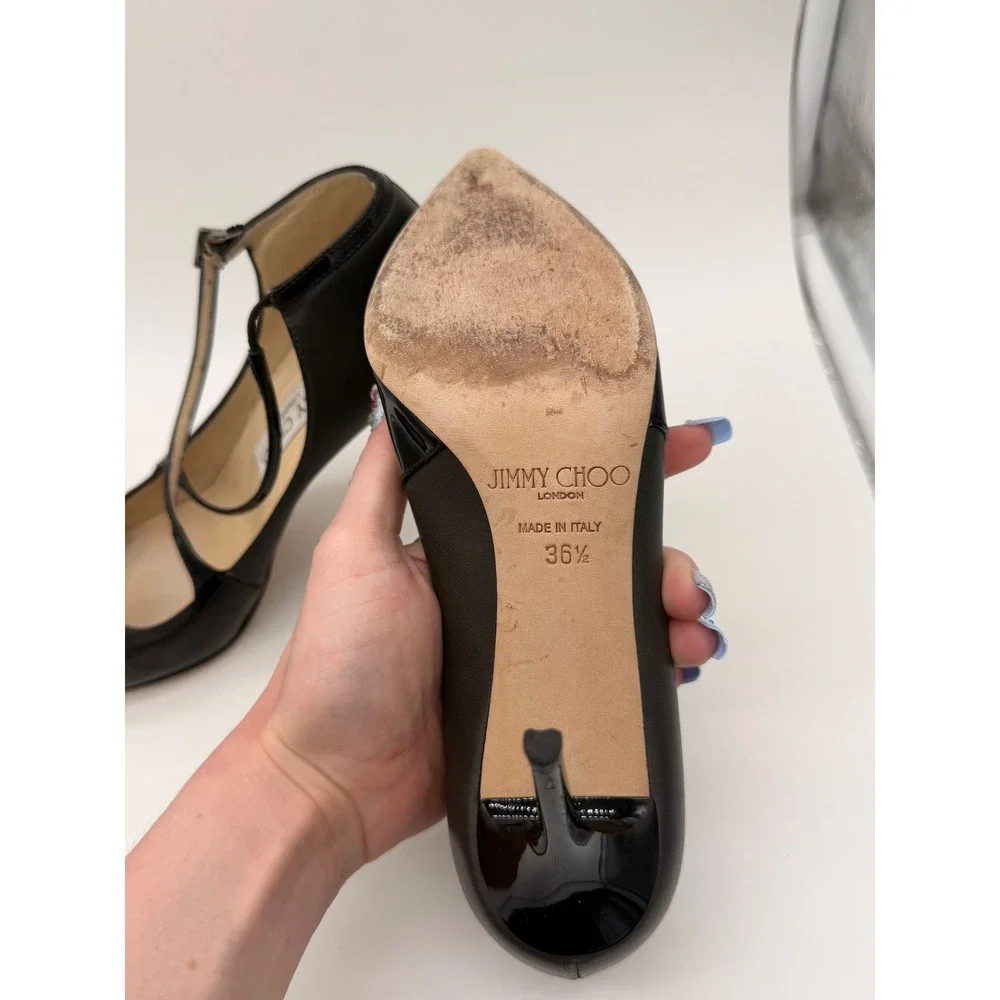 Jimmy Choo Black Leather Patent Crisscross T-Strap Pointed Toe Pumps 36.5 Italy